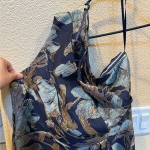 Adrianna Papell Blue and Silver Asymmetrical Ruched Cocktail Dress